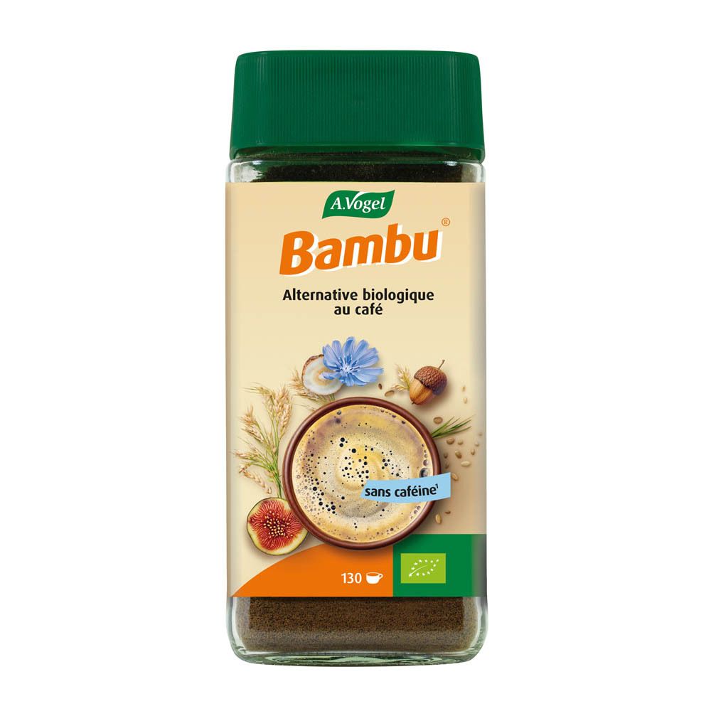 A.Vogel Bambu Succédané de café instantané, pot 200g. Image de café, figue et céréales.