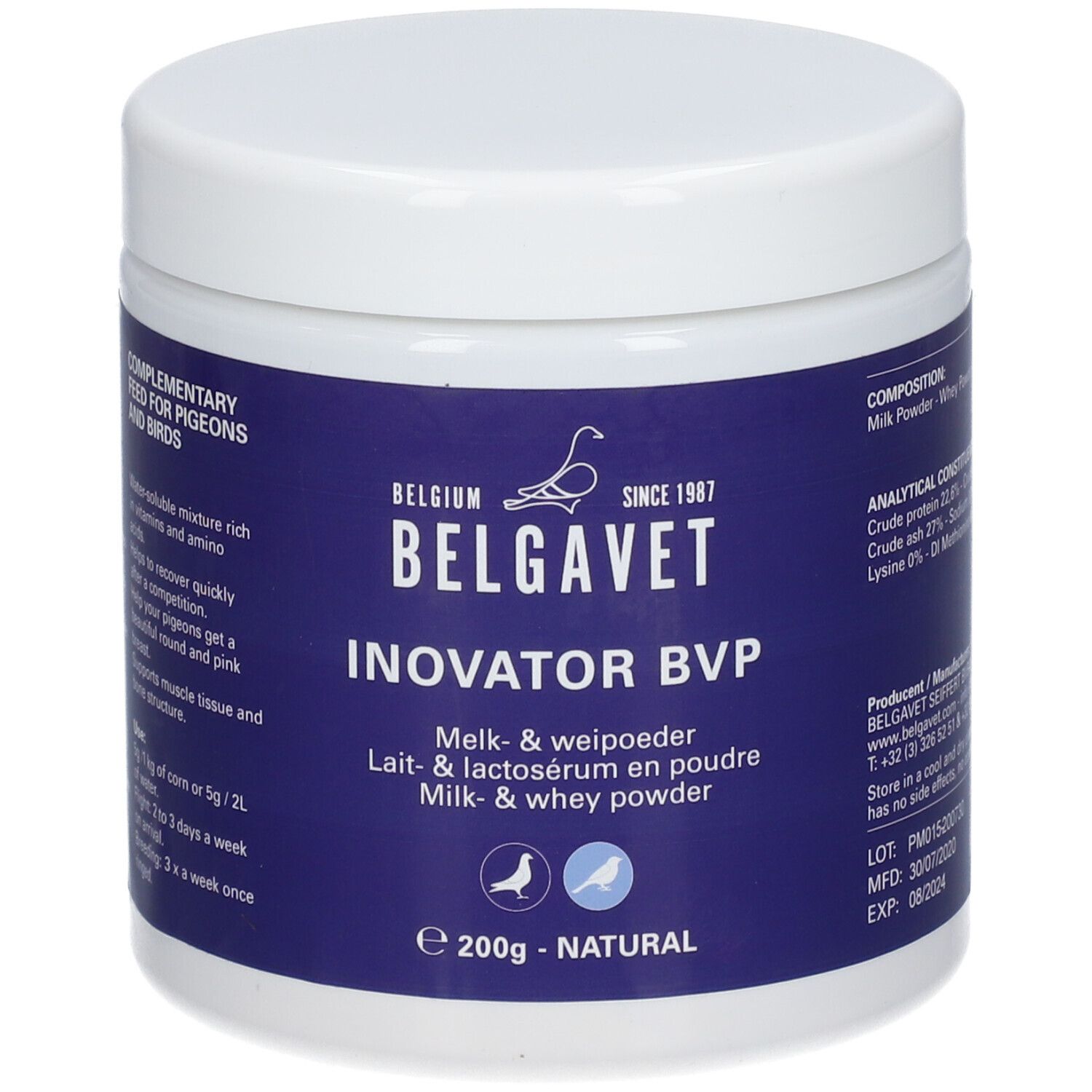 Weißer Behälter mit blauem Etikett. Text: BELGAVET, INOVATOR BVP, Melk- & weipoeder, Lait- & lactosérum en poudre, Milk- & whey powder. 200g - NATURAL.