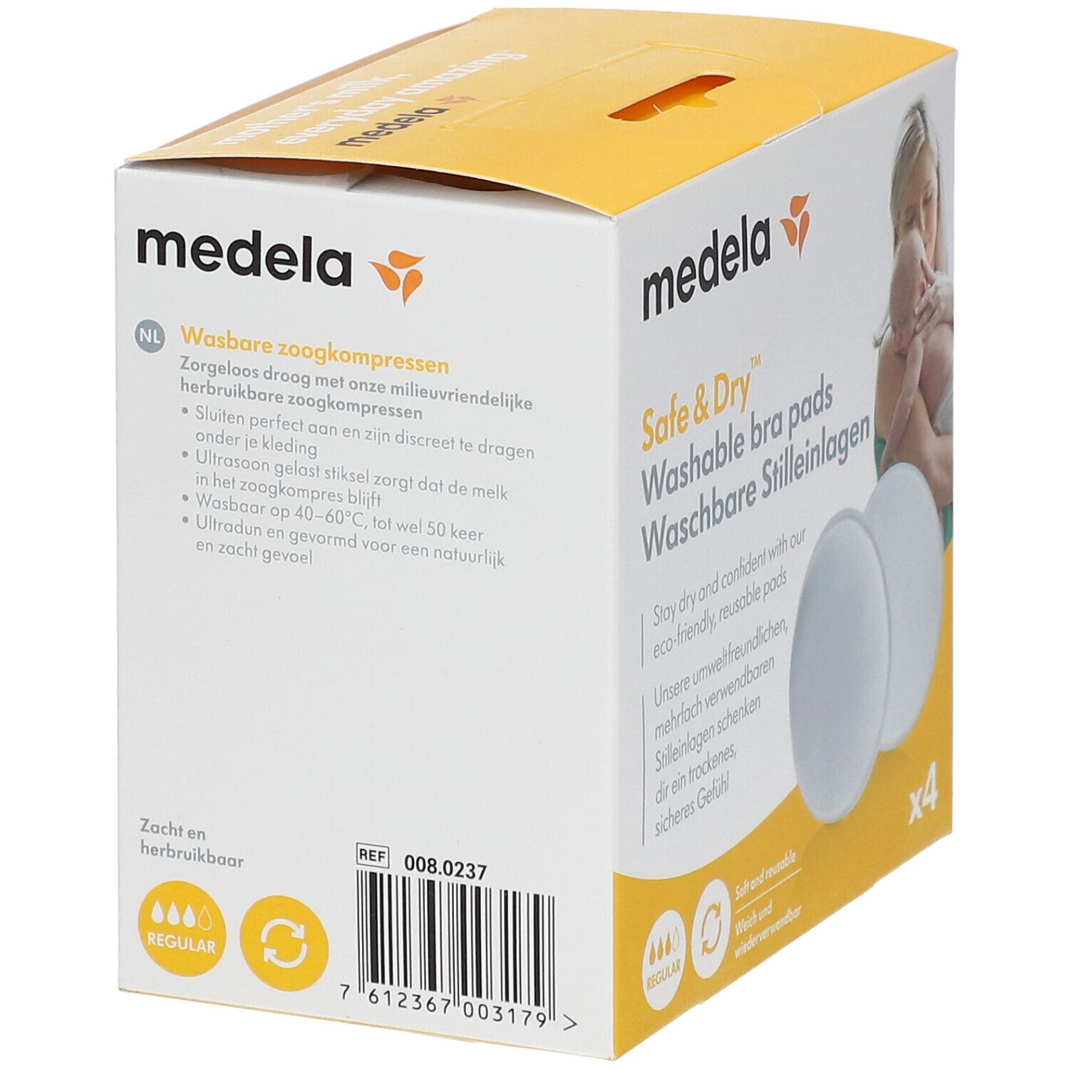 Medela Safe & Dry waschbare Stilleinlagen Verpackung mit vier Stück.