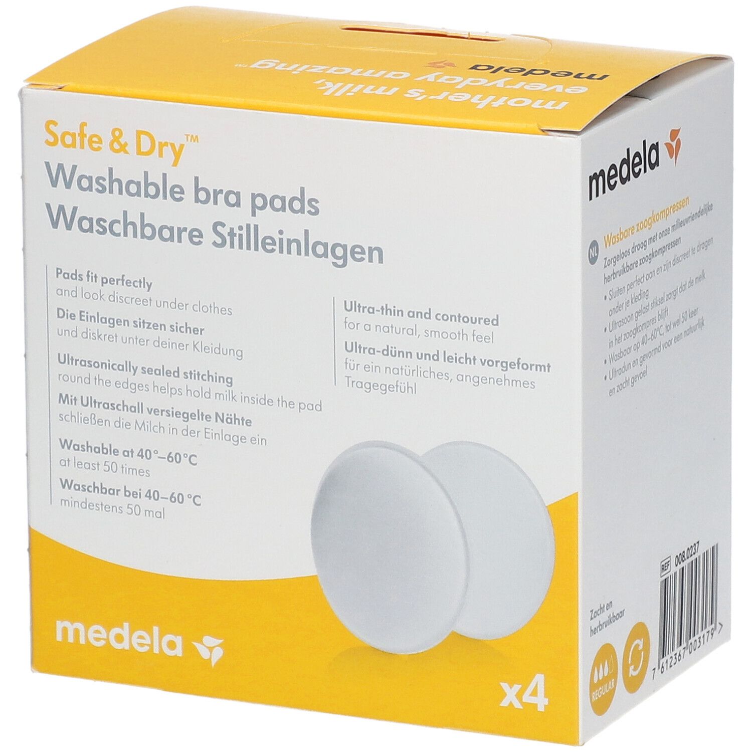 Verpackung von Medela waschbaren Stilleinlagen, vier Stück. Weiße, runde Einlagen.