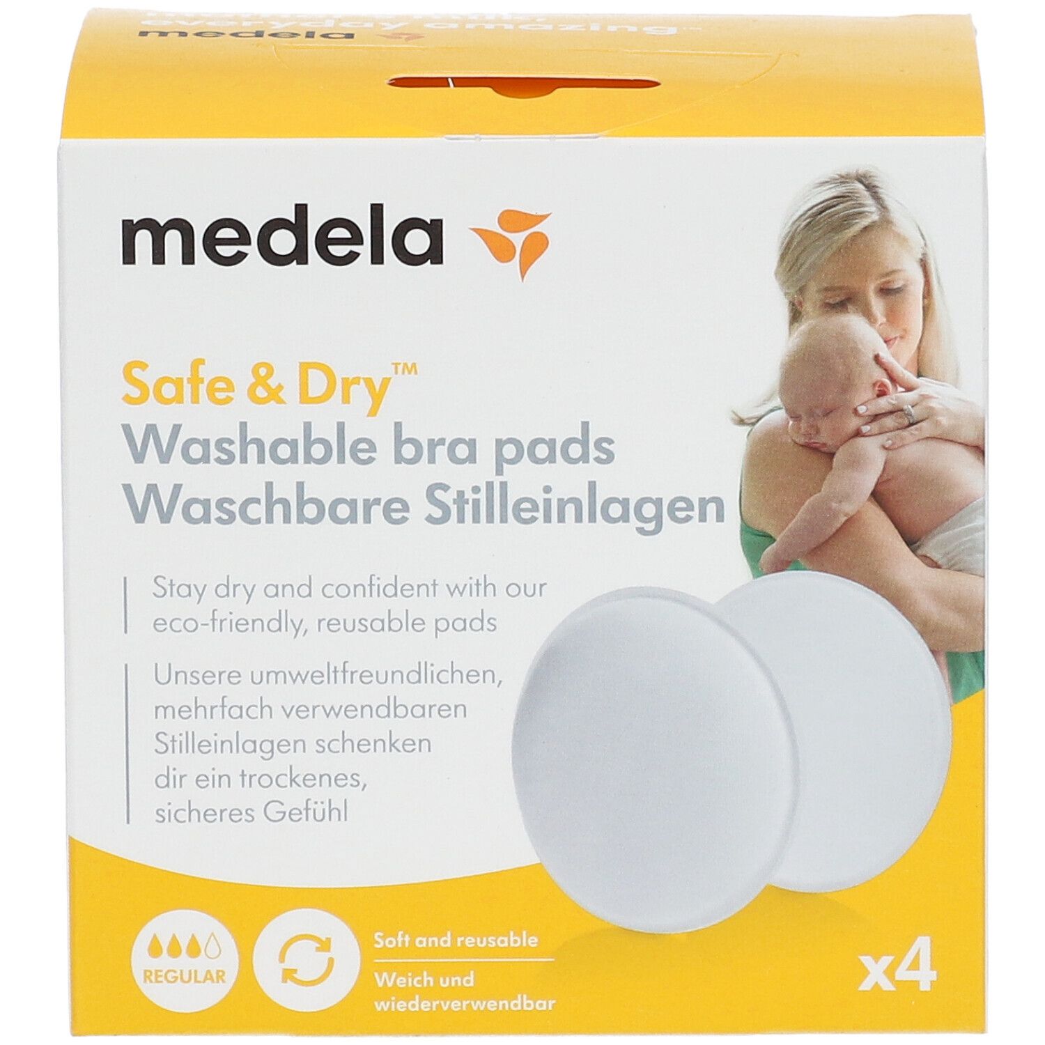 Medela Safe & Dry waschbare Stilleinlagen Verpackung mit vier Einlagen.