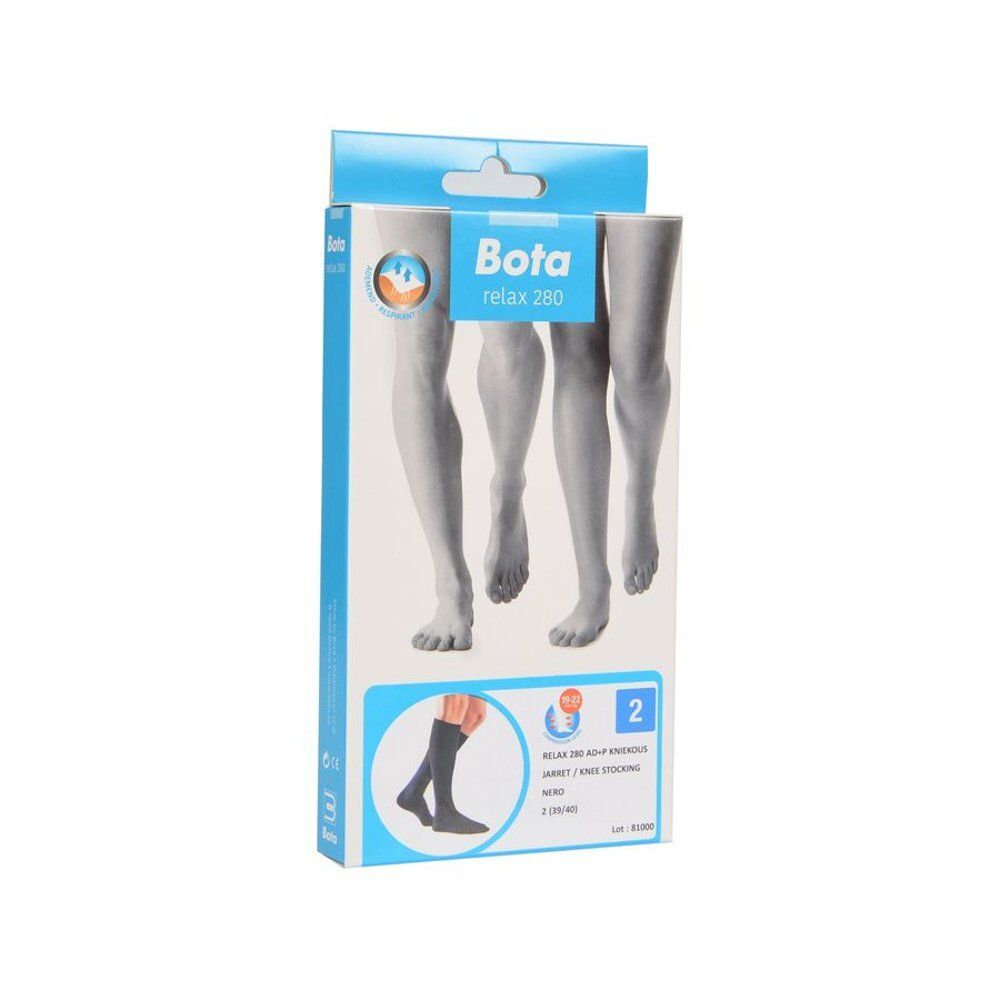 Emballage Bota Relax 280. Bas genou, taille 2 (39/40). Illustration de jambes et de bas.