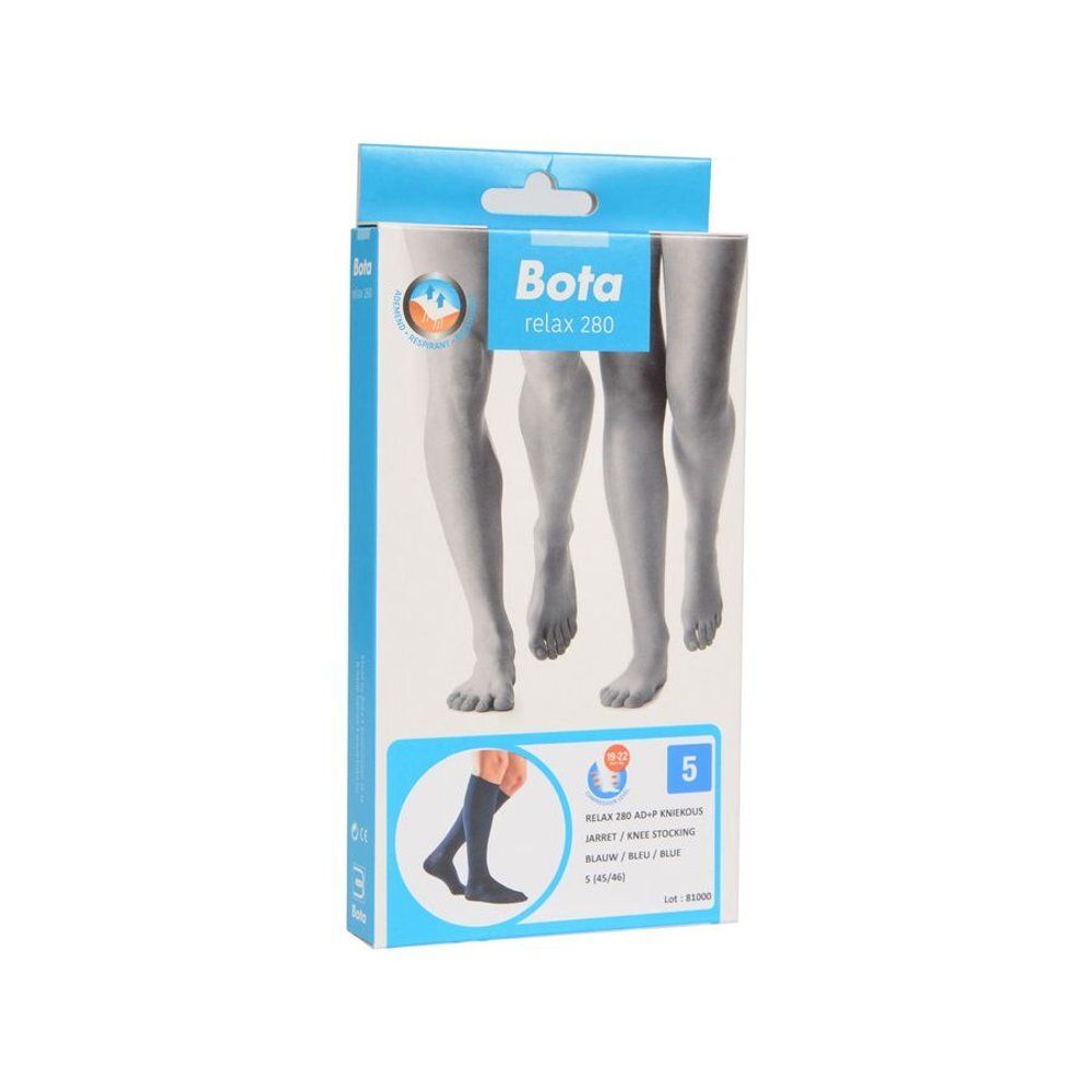 Emballage de bas de contention. Inscription: Bota Relax 280, bas bleus. Nom du produit et couleur visibles.
