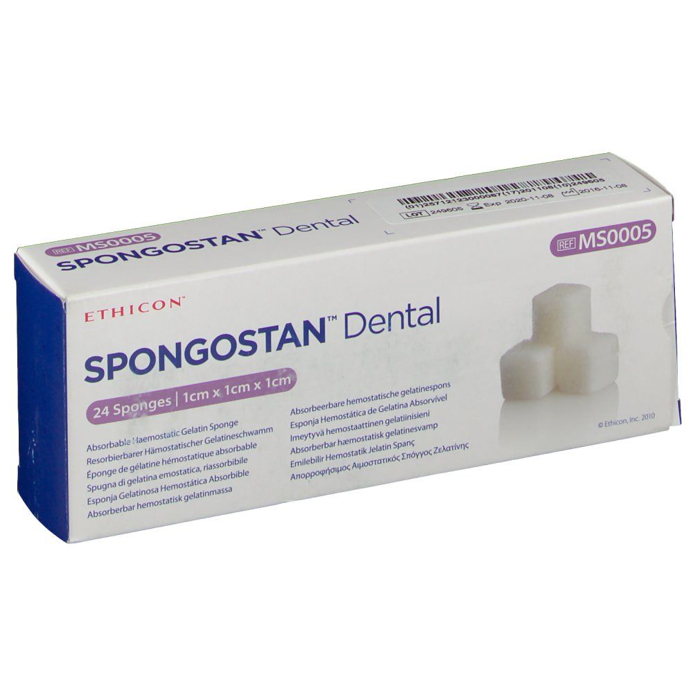 Verpackung von Ethicon Spongostan Dental. Enthält 24 Schwämme, 1x1x1 cm. Produktname und Marke deutlich sichtbar.