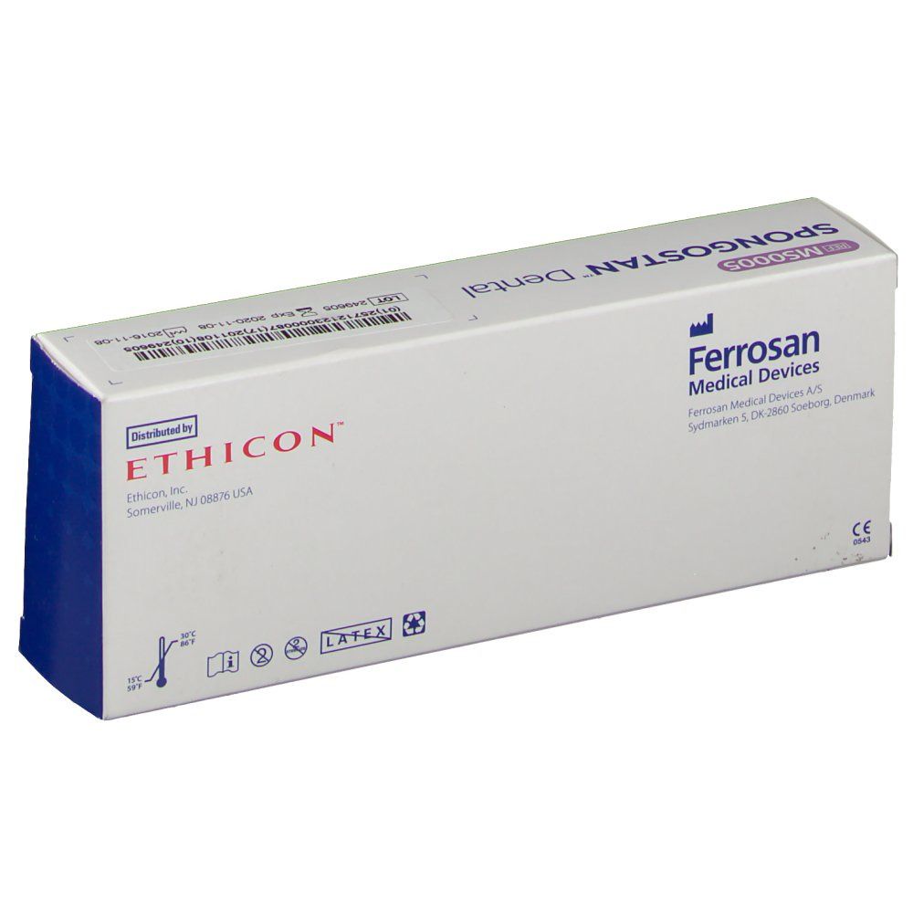 Verpackung von Ferrosan Medical Devices. Enthält Ethicon Produkte. Produktname und Marke sichtbar. Blaue Akzente.