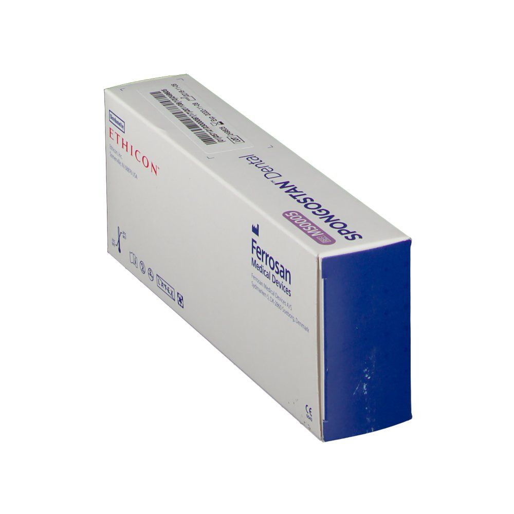 Schräg gestellte Verpackung von Ferrosan Medical Devices. Enthält Ethicon Produkte. Blaue Akzente. Marke sichtbar.