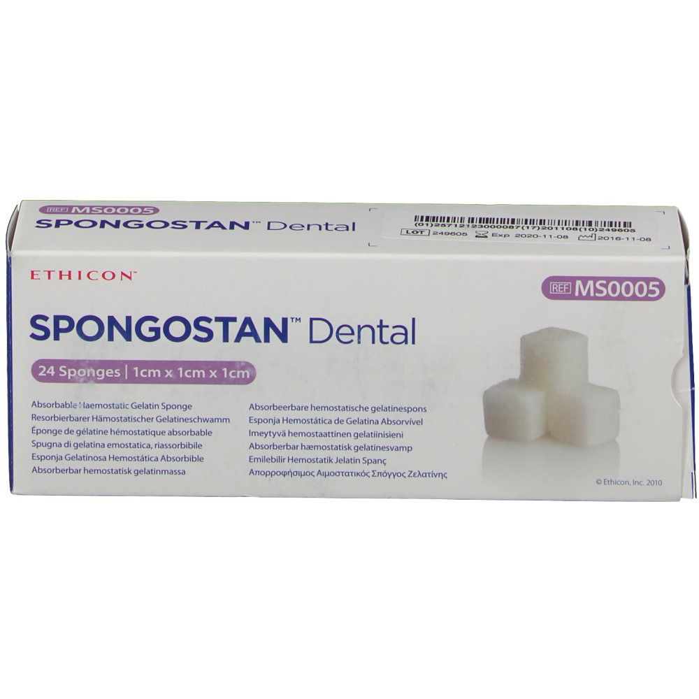 Verpackung von Ethicon Spongostan Dental. Enthält 24 Schwämme, 1x1x1 cm. Produktname und Marke deutlich sichtbar.