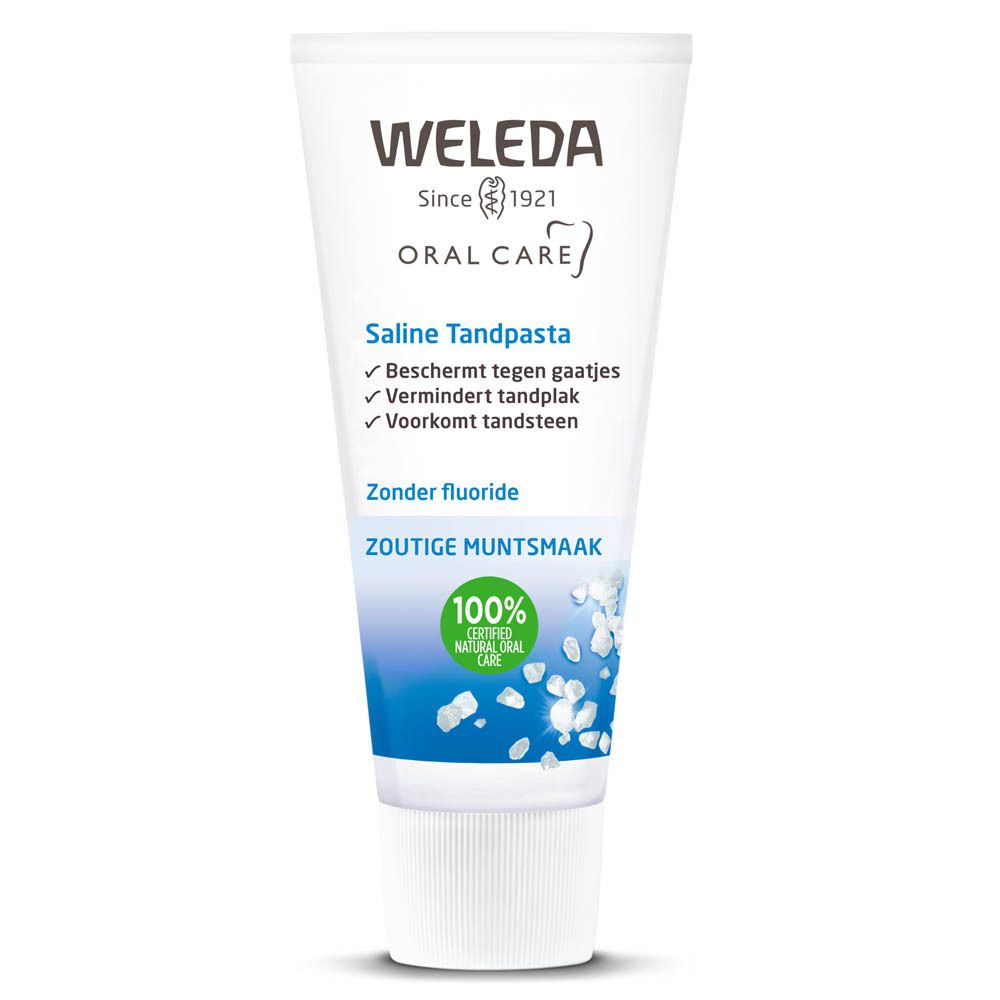 Tube de dentifrice Weleda Saline. Blanc, avec texte et illustrations bleues. Contient du texte en allemand, français et néerlandais.