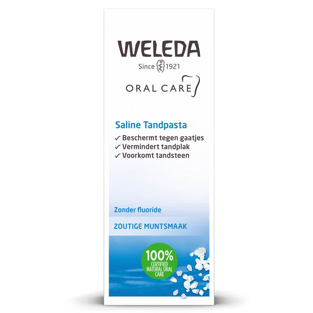 Weleda Saline Zahnpasta Tube. Weiß, mit blauer Schrift und Abbildungen. Enthält Text in Deutsch, Französisch und Niederländisch. 100% Natural.
