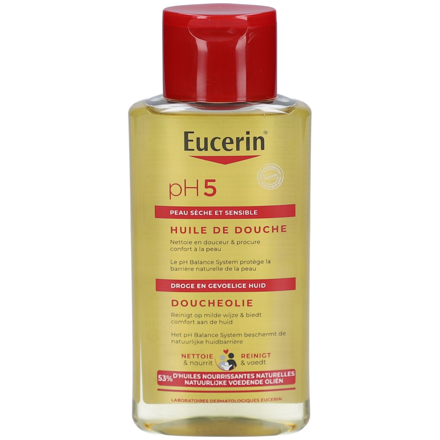 Eucerin pH5 Duschöl. Flasche mit rotem Deckel. Text: pH5, Hautschutz, Duschöl. Gelbliche Flüssigkeit.