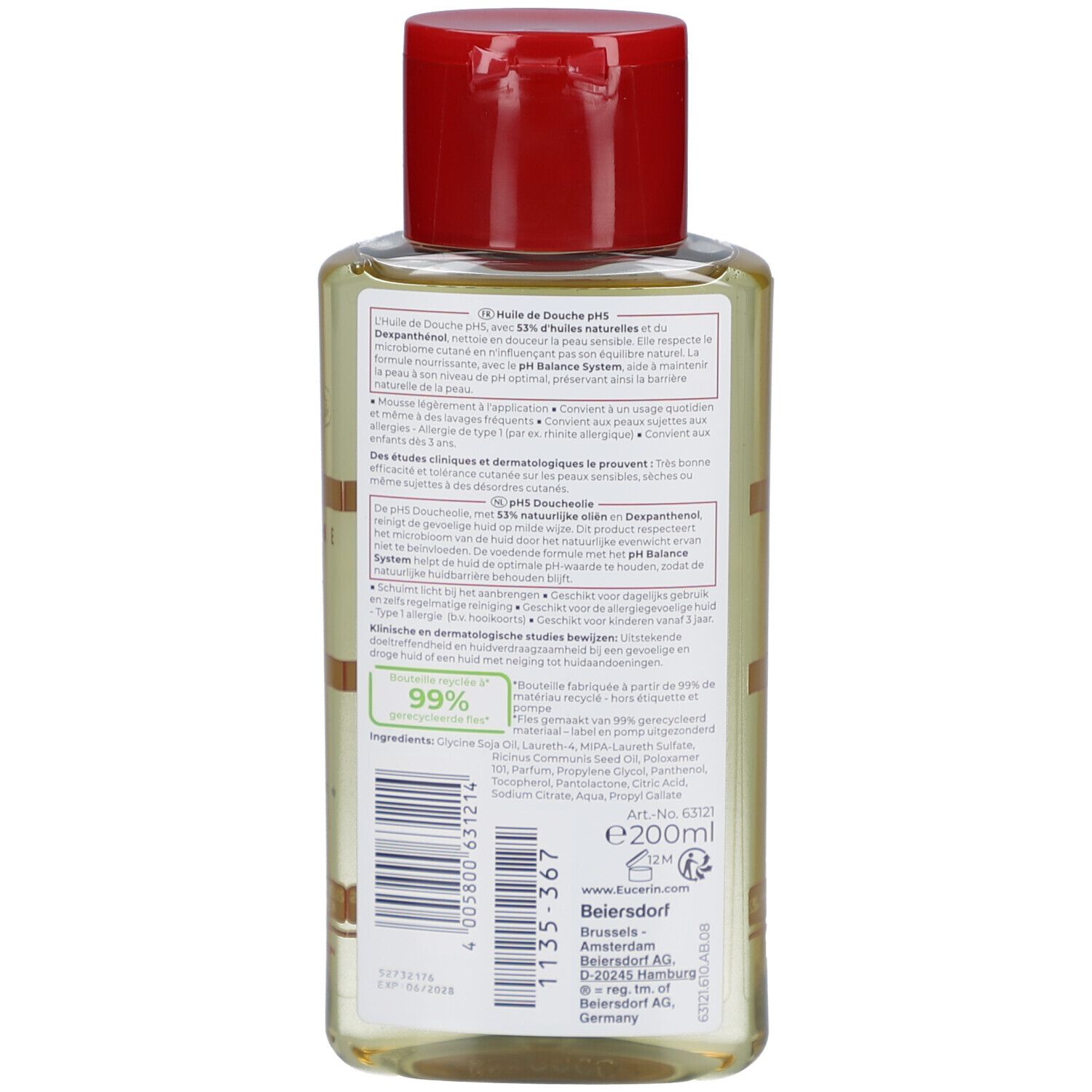 Rückseite der Eucerin pH5 Duschöl-Flasche. Text: Inhaltsstoffe, 200ml, 99% recycelbar, Beiersdorf AG.