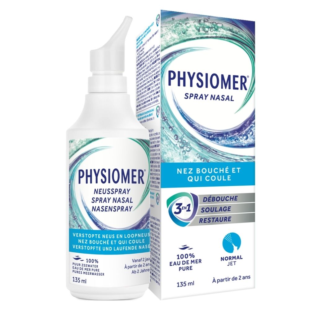 Boîte de spray nasal Physiomer Normal Jet, 135ml, solution d'eau de mer isotonique.