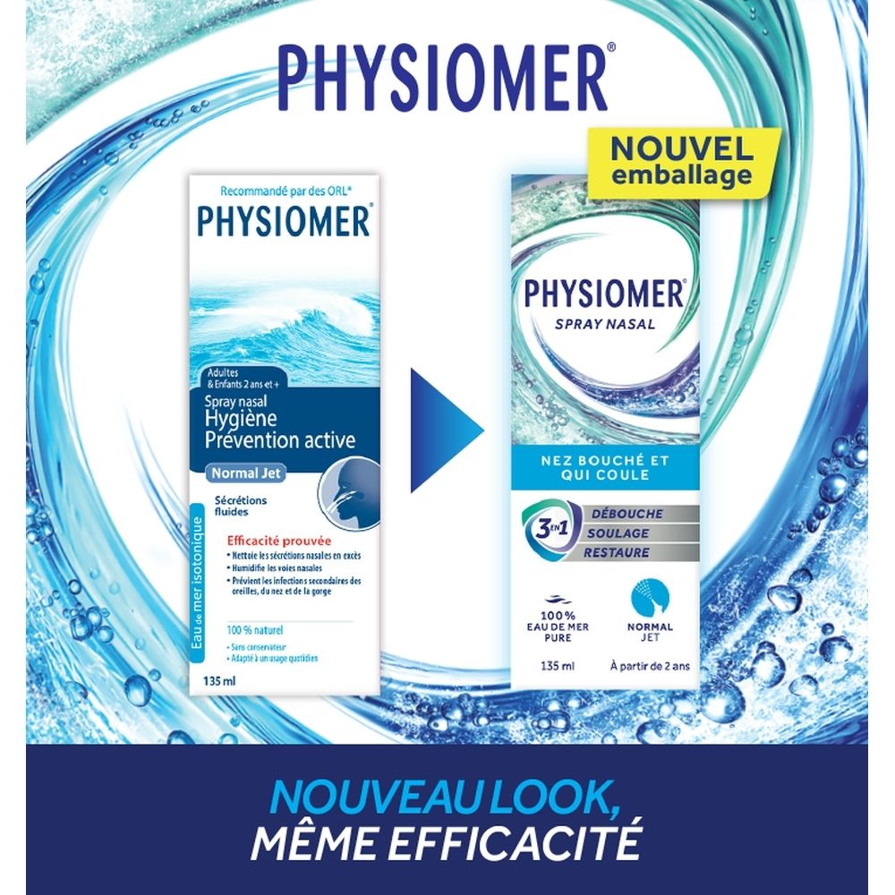 Boîte de spray nasal Physiomer Normal Jet, 135ml, solution d'eau de mer isotonique.
