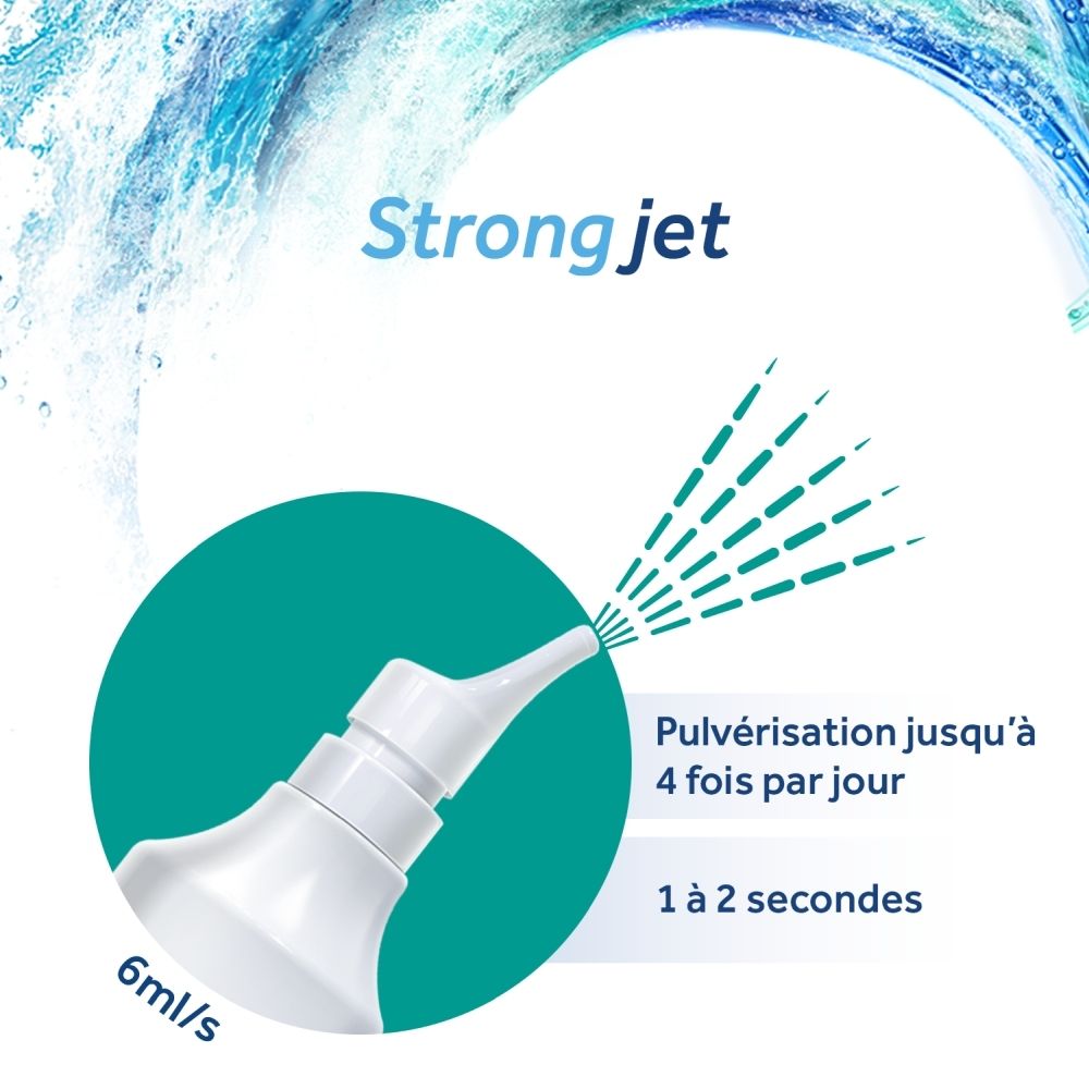 Boîte de PHYSIOMER® Strong Jet. Vagues bleues, nom du produit et texte. Flacon de 210 ml.