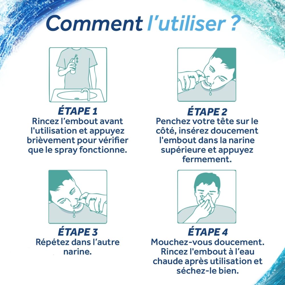 Boîte de PHYSIOMER® Strong Jet. Vagues bleues, nom du produit et texte. Flacon de 210 ml.