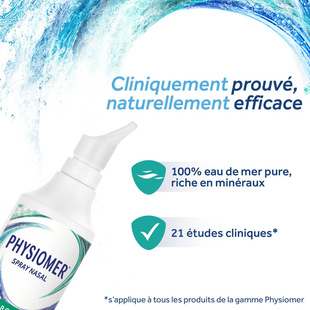 Flacon de spray nasal PHYSIOMER® Strong Jet avec informations sur les ingrédients et études.