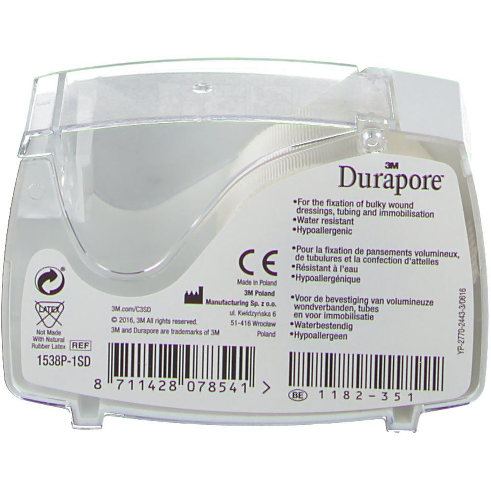Transparente Kunststoffverpackung mit 3M Durapore-Band. Enthält Informationen zu Wasserbeständigkeit und Hypoallergenität. CE-Zeichen.