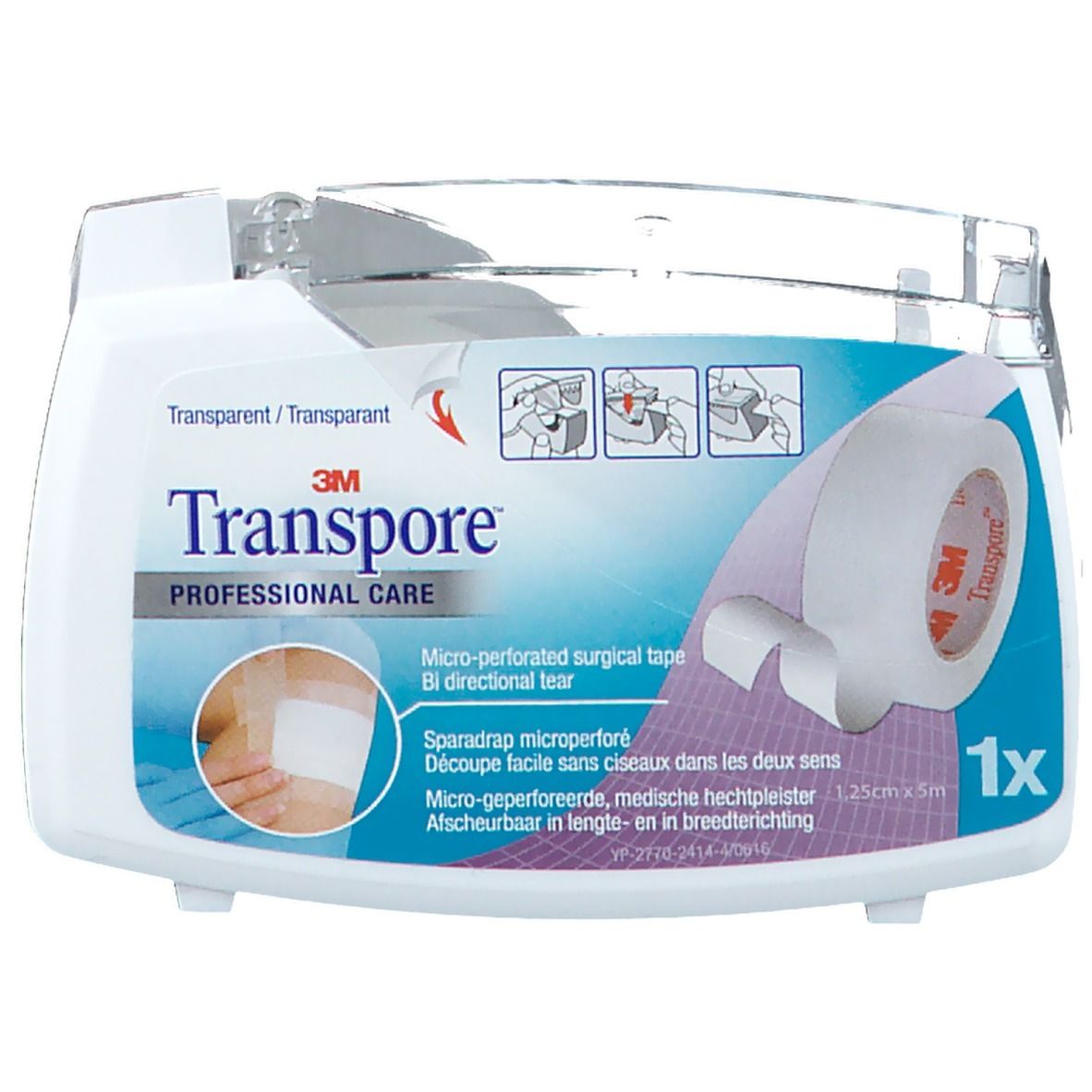 Verpackung mit medizinischem Klebeband. Aufschrift: 3M Transpore, Professional Care. Rolle mit 1,25cm x 5m. Transparentes, mikroperforiertes Band.