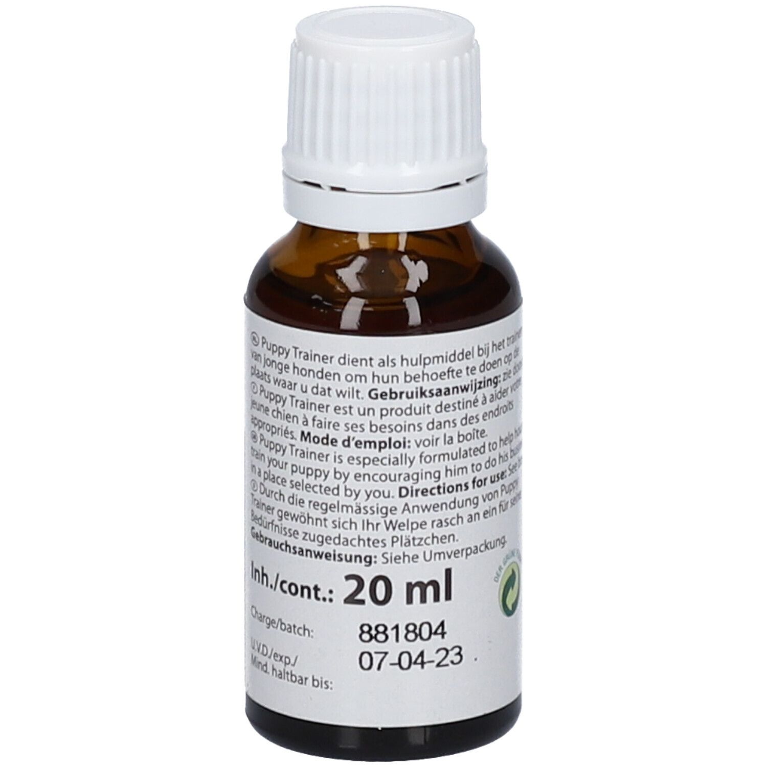 Braune Glasflasche mit weißem Deckel. Aufkleber mit Produktname, Text und Inhaltsangabe: 20 ml.