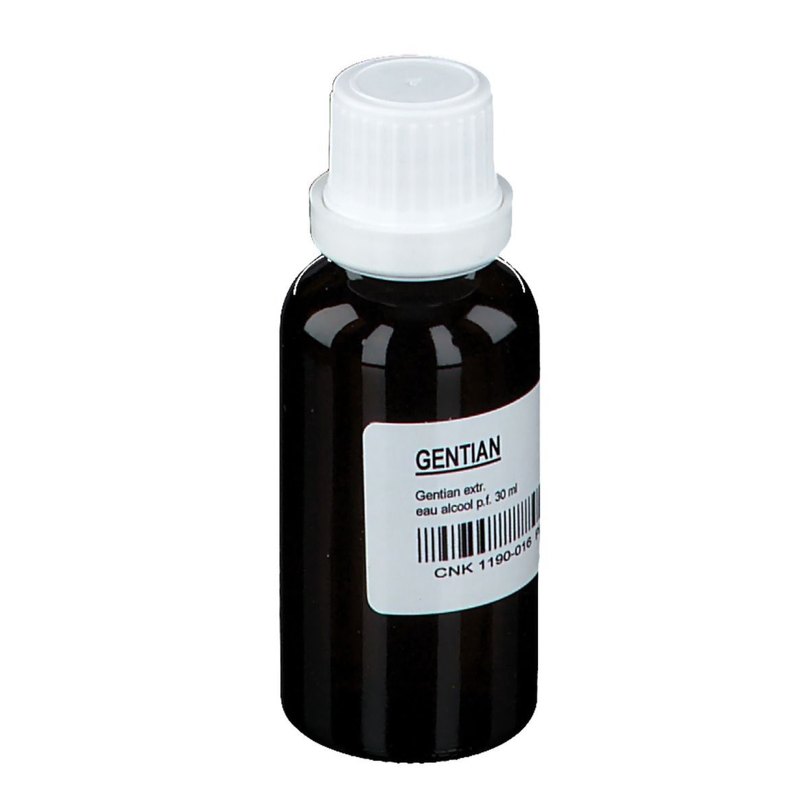 Braune Glasflasche mit weißem Deckel und Etikett. Aufschrift: Gentian, eau alcool p.f. 30 ml. Barcode und CNK-Nummer.