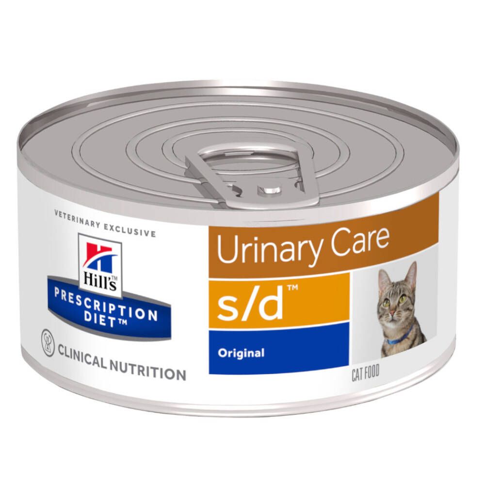 Runde Dose Hill's Prescription Diet s/d für Katzen. Aufschrift: Urinary Care, s/d, Original. Abbildung einer Katze.