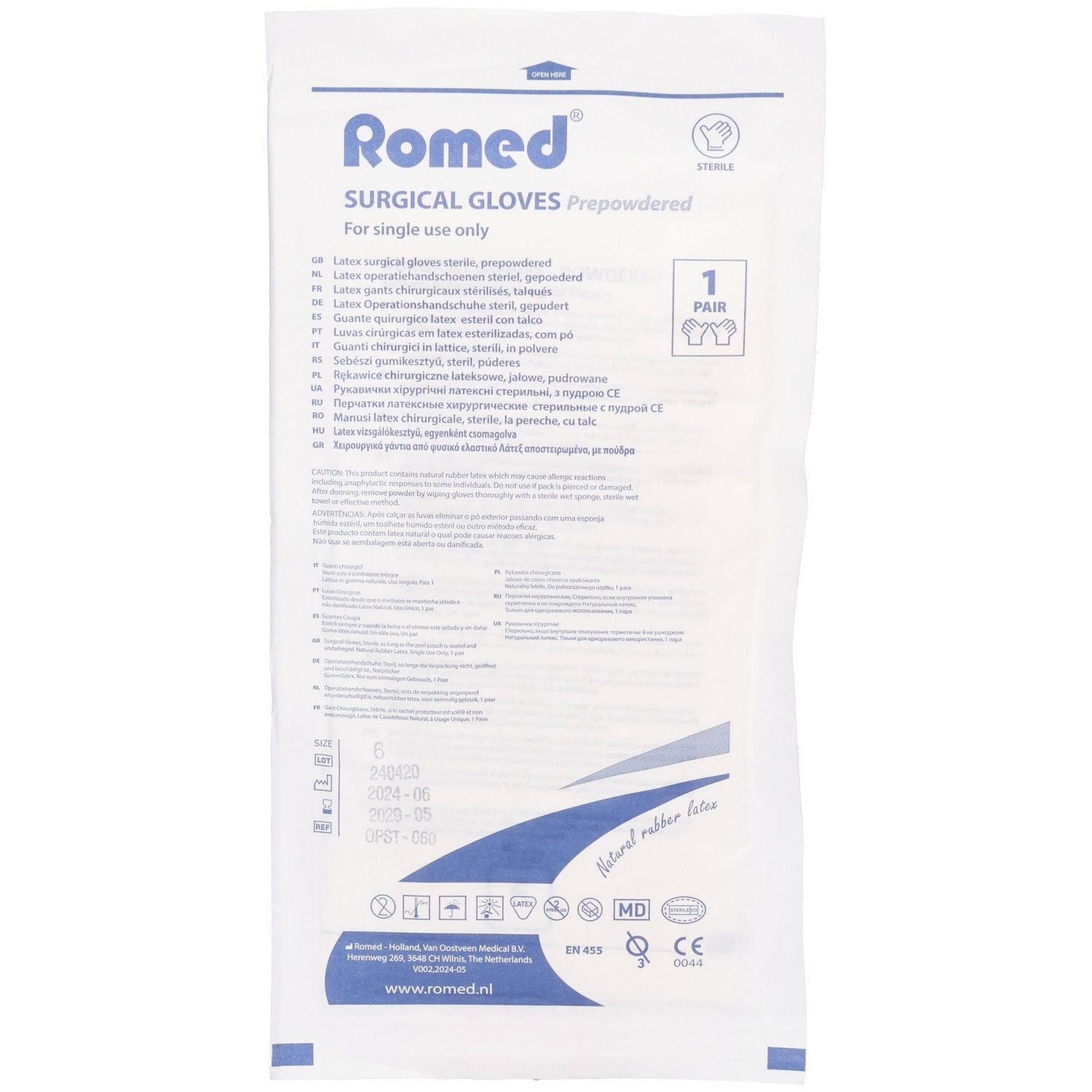Romed chirurgische Einweghandschuhe, steril, Größe 6.0, 1 Paar, aus Naturkautschuklatex.