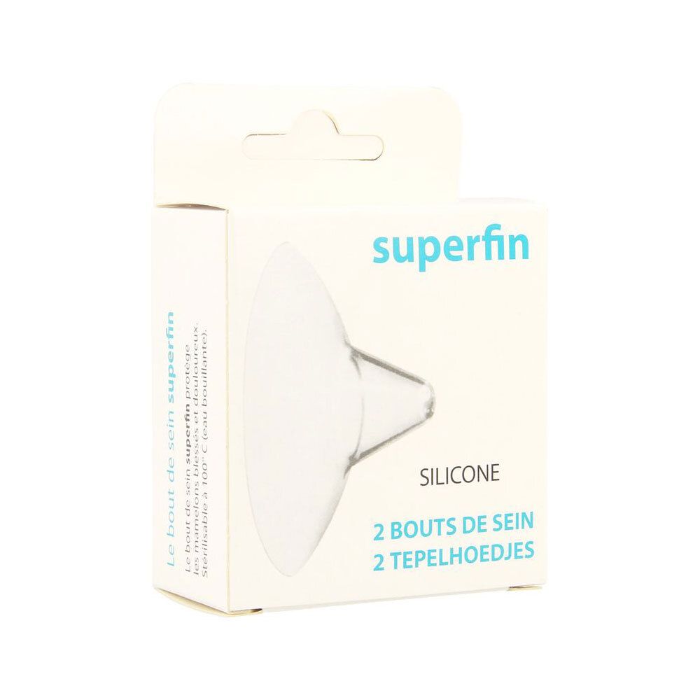 Boîte de deux bouts de sein en silicone. Inscriptions: superfin, SILICONE, 2 BOUTS DE SEIN, 2 TEPELHOEDJES.