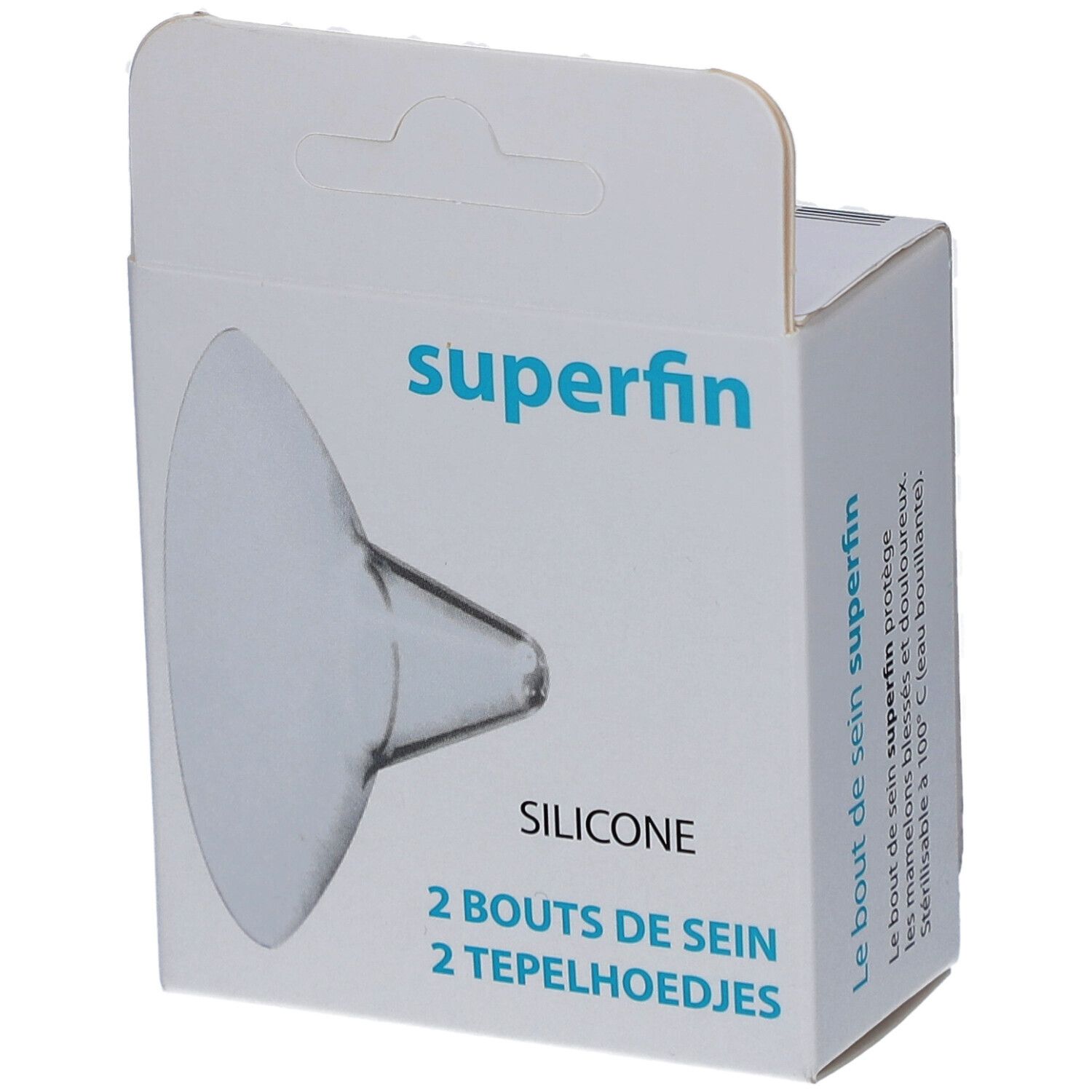 Boîte de deux bouts de sein en silicone. Inscriptions: superfin, SILICONE, 2 BOUTS DE SEIN, 2 TEPELHOEDJES.