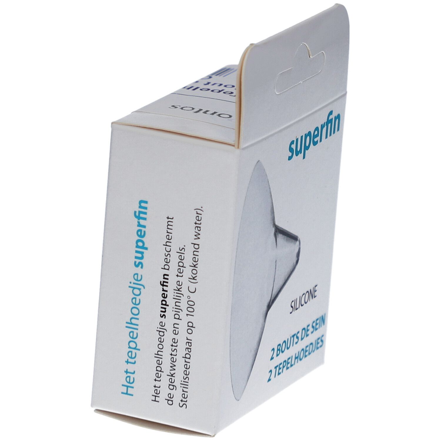 Boîte de deux bouts de sein en silicone. Inscriptions: superfin, SILICONE, 2 BOUTS DE SEIN, 2 TEPELHOEDJES.