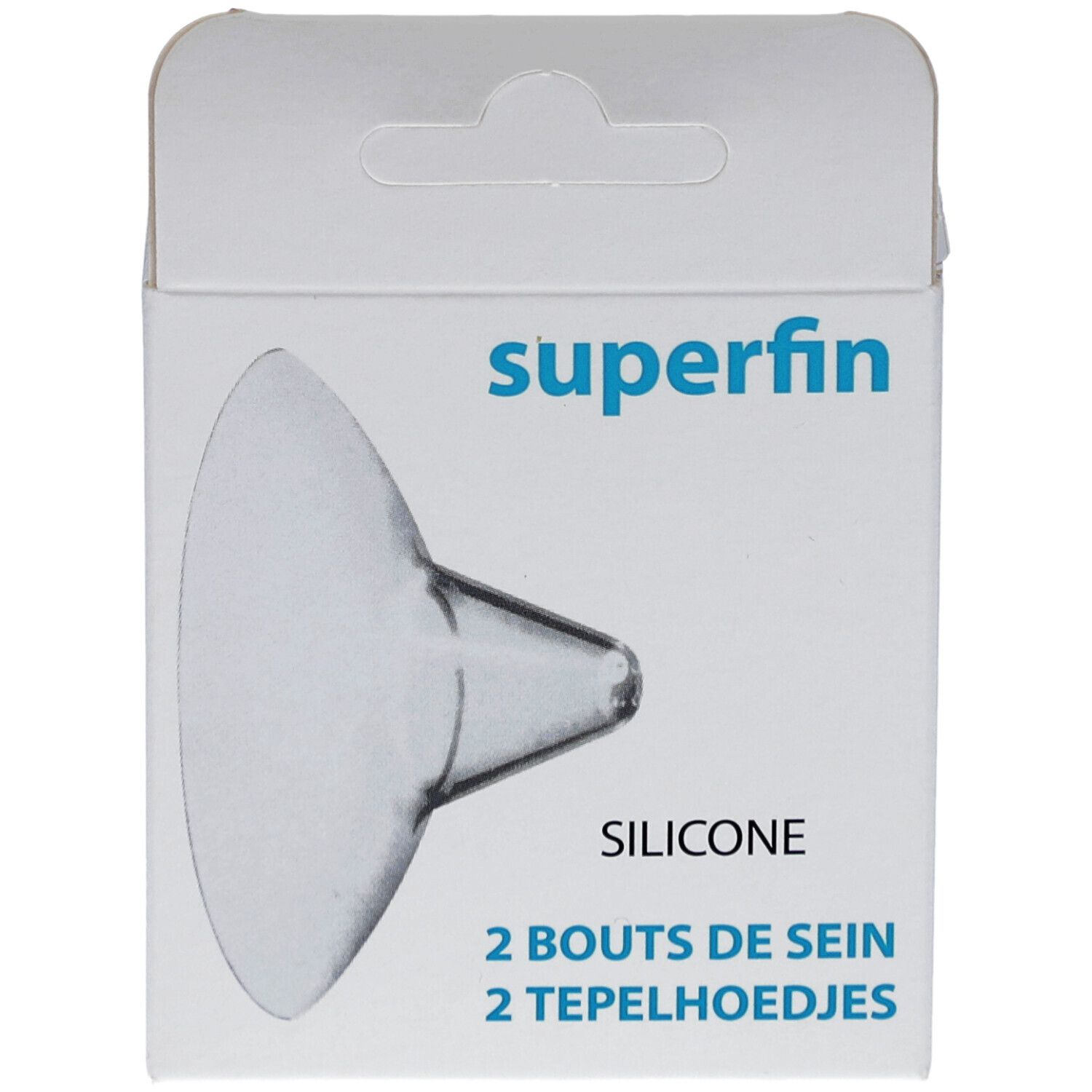 Boîte de deux bouts de sein en silicone. Inscriptions: superfin, SILICONE, 2 BOUTS DE SEIN, 2 TEPELHOEDJES.