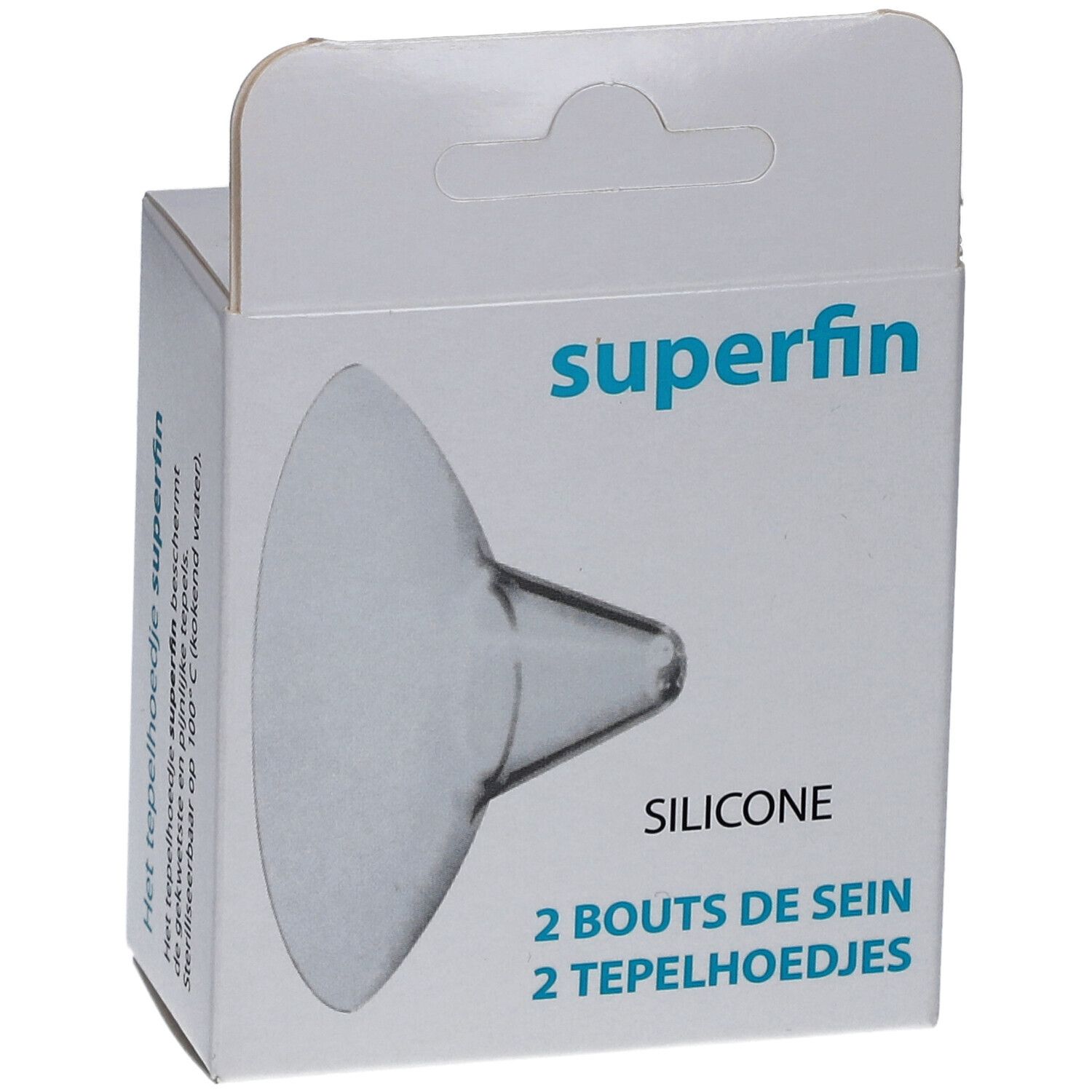 Boîte de deux bouts de sein en silicone. Inscriptions: superfin, SILICONE, 2 BOUTS DE SEIN, 2 TEPELHOEDJES.