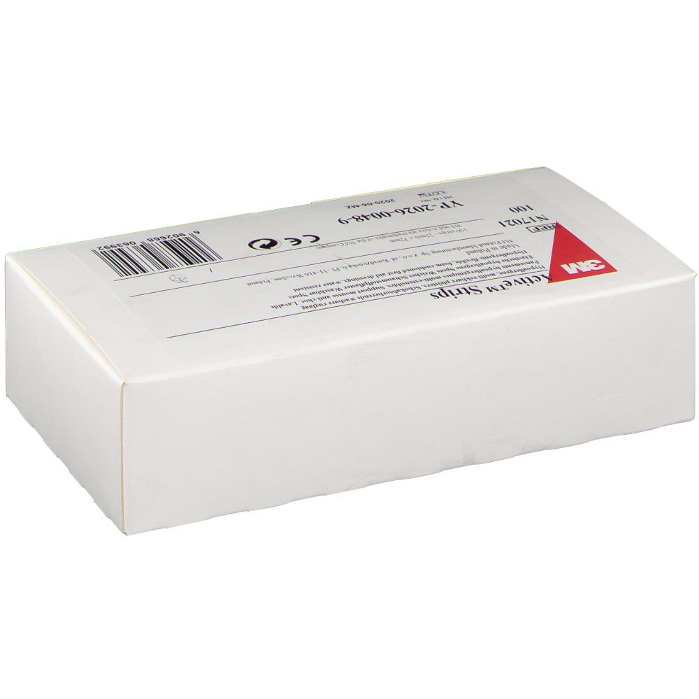 Weiße rechteckige Verpackung mit rotem 3M-Logo und Text. Enthält Pflaster. Aufdrucke: Active Strips, CE-Zeichen, Barcode.