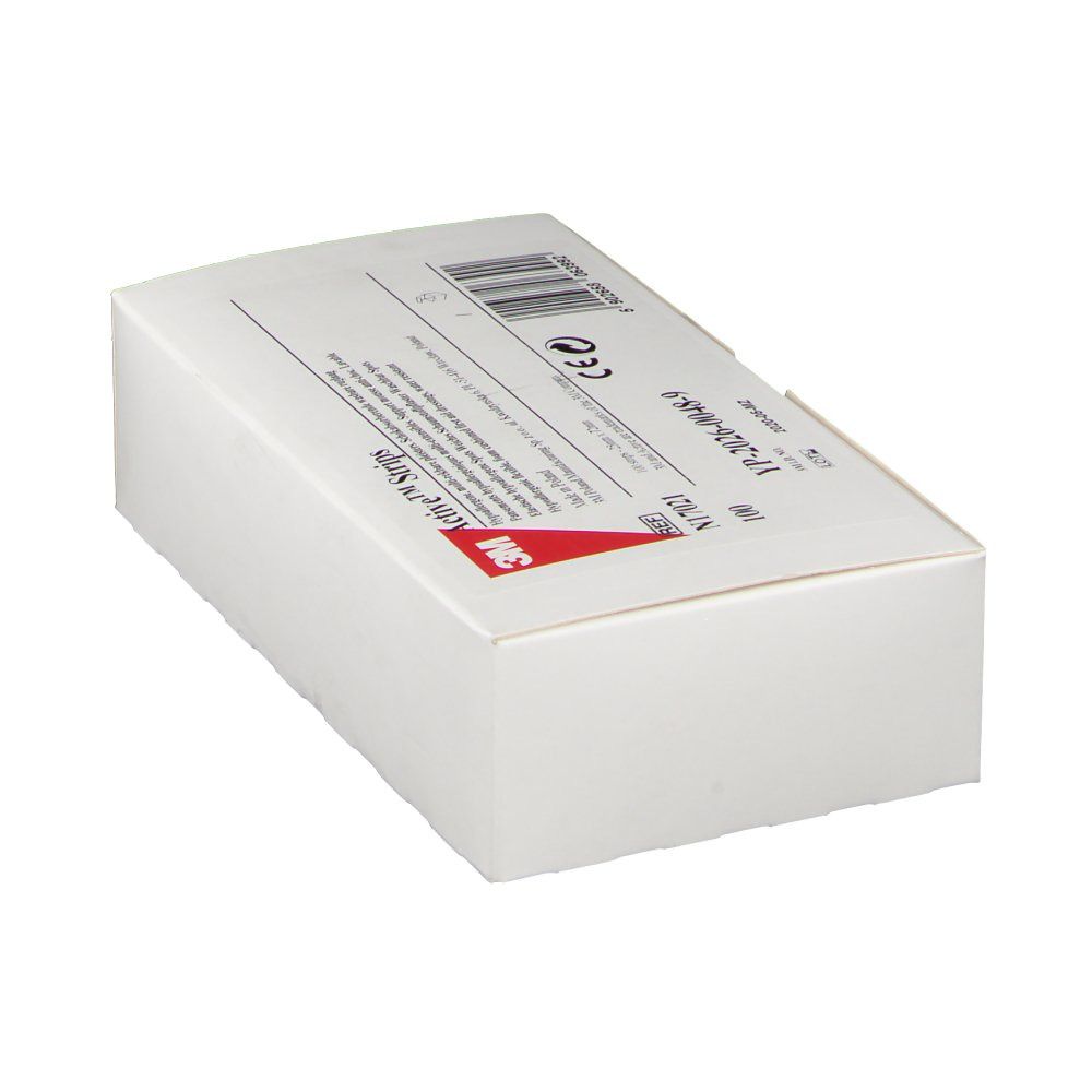 Weiße rechteckige Verpackung mit rotem 3M-Logo und Text. Enthält Pflaster. Aufdrucke: Active Strips, CE-Zeichen, Barcode.