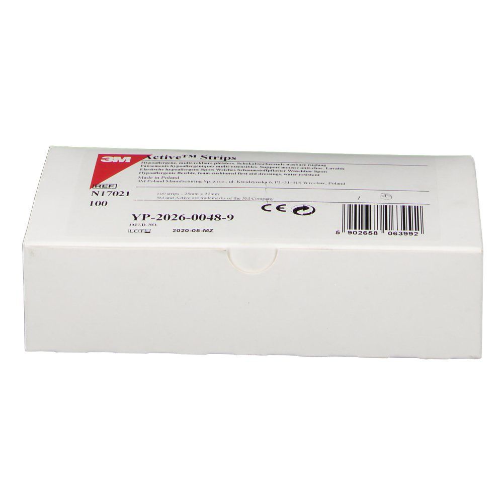 Weiße rechteckige Verpackung mit rotem 3M-Logo und Text. Enthält Pflaster. Aufdrucke: Active Strips, CE-Zeichen, Barcode.