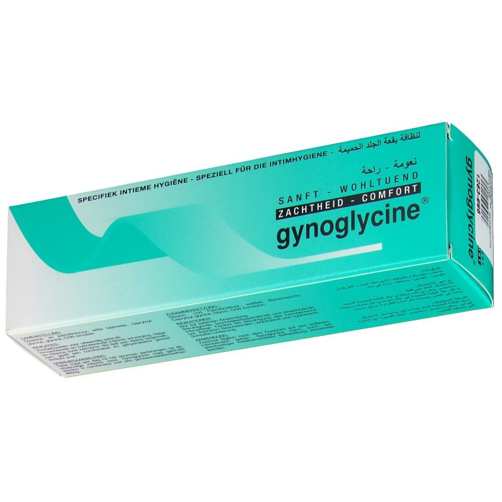 Kartonverpackung gynoglycine®. Türkis-weißes Design. Text: Sanft, Wohltuend, Comfort. Mehrsprachiger Text.