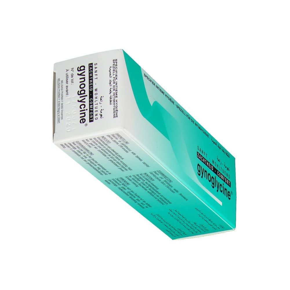 Kartonverpackung gynoglycine® in Schrägansicht. Türkis-weißes Design. Text: Sanft, Wohltuend, Comfort. Mehrsprachiger Text.