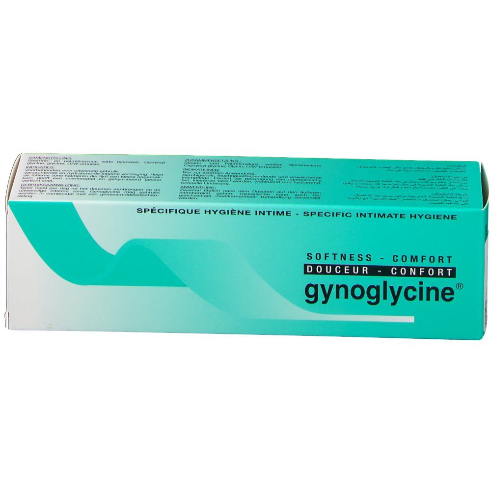 Kartonverpackung gynoglycine®. Türkis-weißes Design. Text: Spezifische Intimhygiene, Softness, Comfort. Produktname deutlich sichtbar.