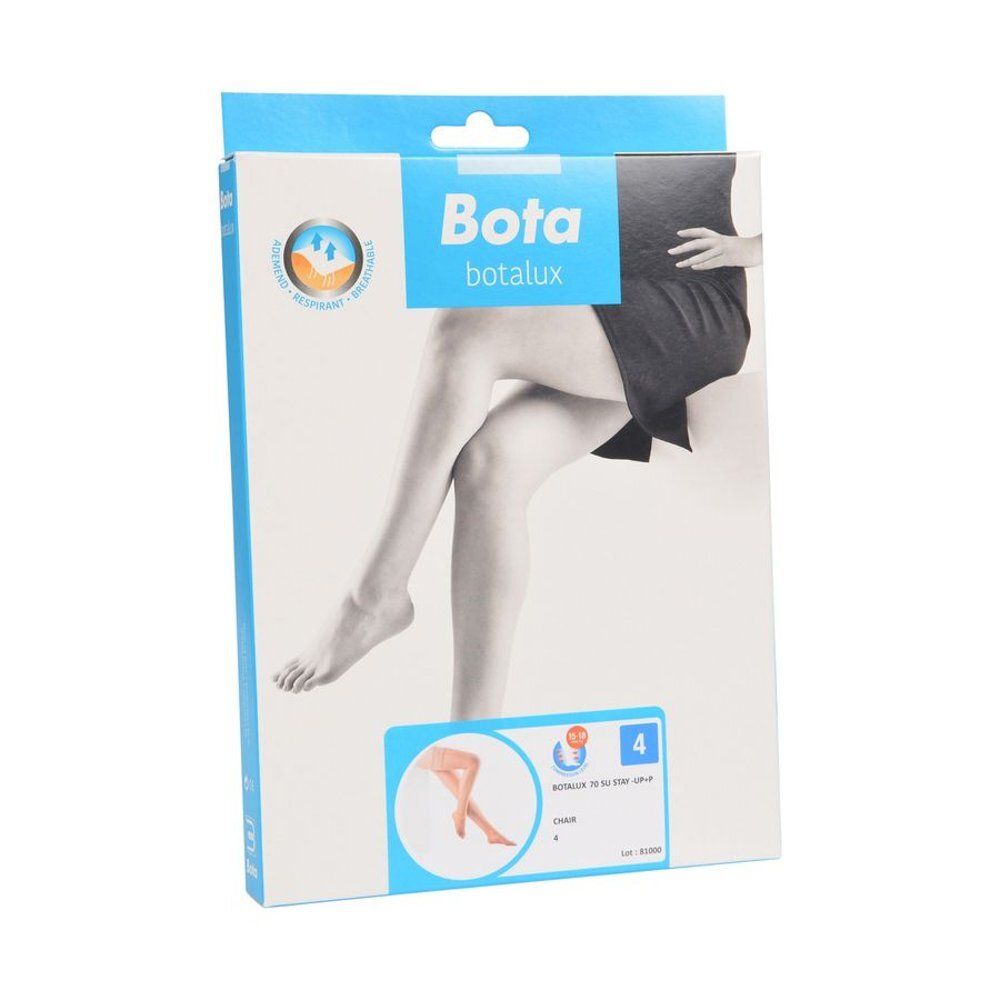 Boîte de bas de contention Bota. Inscription : Bota, Botalux, illustration de jambes. Taille 4, couleur Clair.