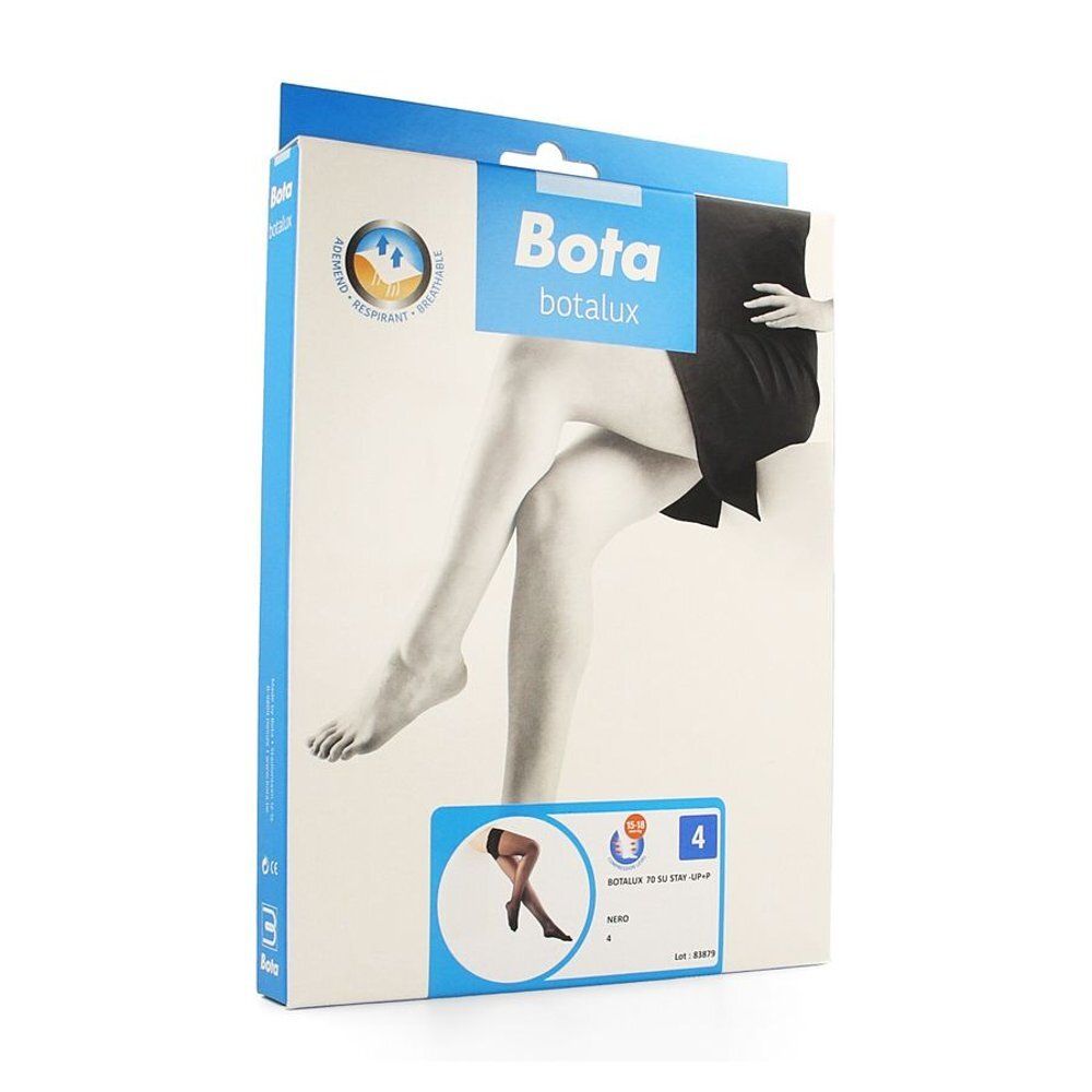 Emballage avec illustration de jambes en bas. Marque Bota Botalux.