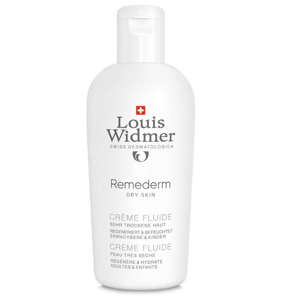 Flacon blanc avec bouchon rabattable. Inscription: Louis Widmer, Remederm Crème Fluide. Texte en allemand et français.