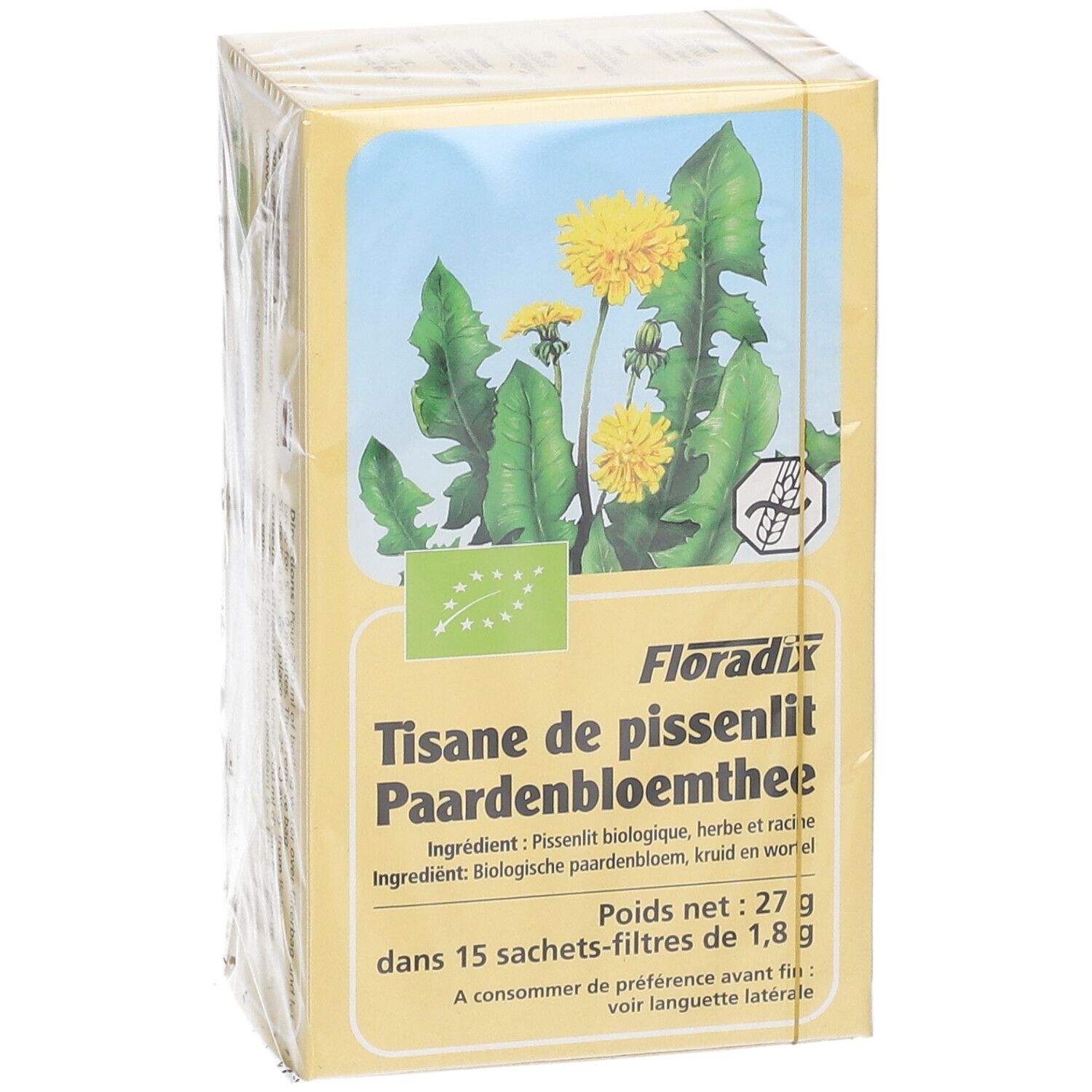 Gelbe Pappschachtel mit Floradix-Logo und Aufdruck "Tisane de pissenlit Paardenbloemthee". Abbildung von Löwenzahnblüten. 15 Filterbeutel.