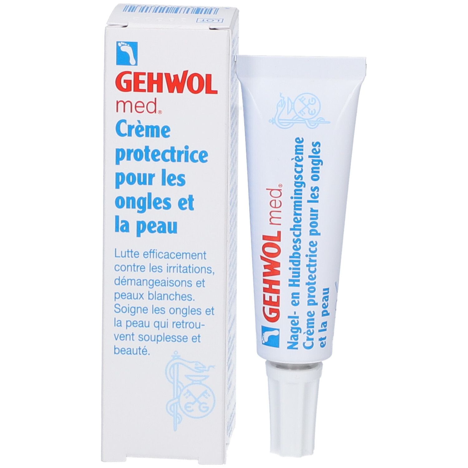 Gehwol med. Creme und Verpackung. Creme protectrice pour les ongles et la peau. Weiß, blau, rot. Text.