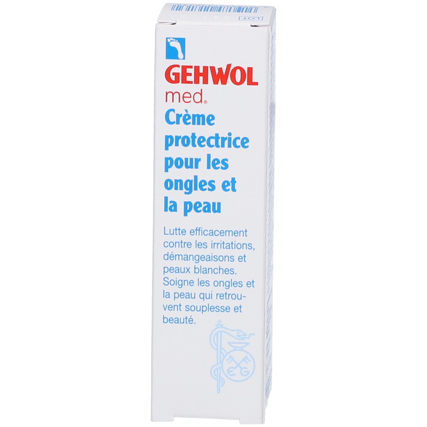 Gehwol med. Verpackung. Crème protectrice pour les ongles et la peau. Weiß, blau, rot. Text.