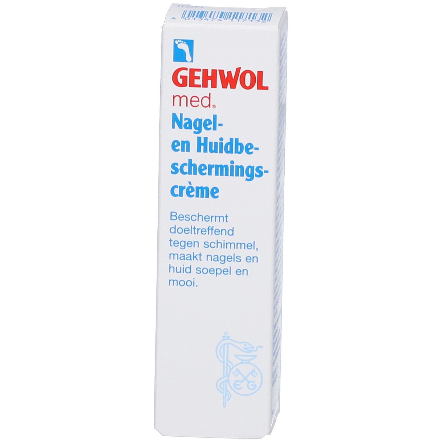 Gehwol med. Verpackung. Nagel- en Huidbeschermingscrème. Text. Weiß, blau, rot.