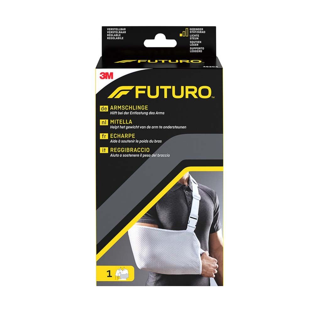 3M™ FUTURO Armschlinge. Verpackung mit Produktabbildung und Text in Deutsch, Niederländisch, Französisch und Italienisch.
