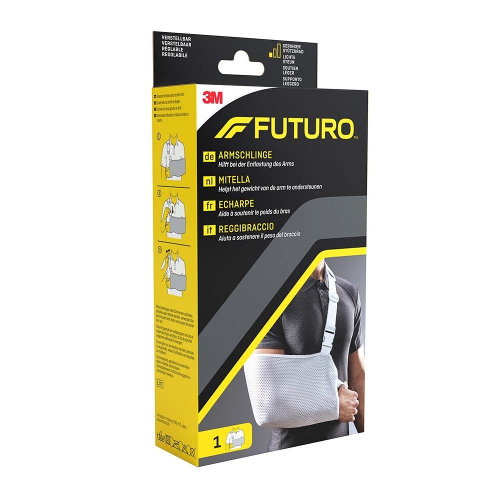 3M™ FUTURO Armschlinge. Verpackung, Seitenansicht mit Produktabbildung und Text in verschiedenen Sprachen.