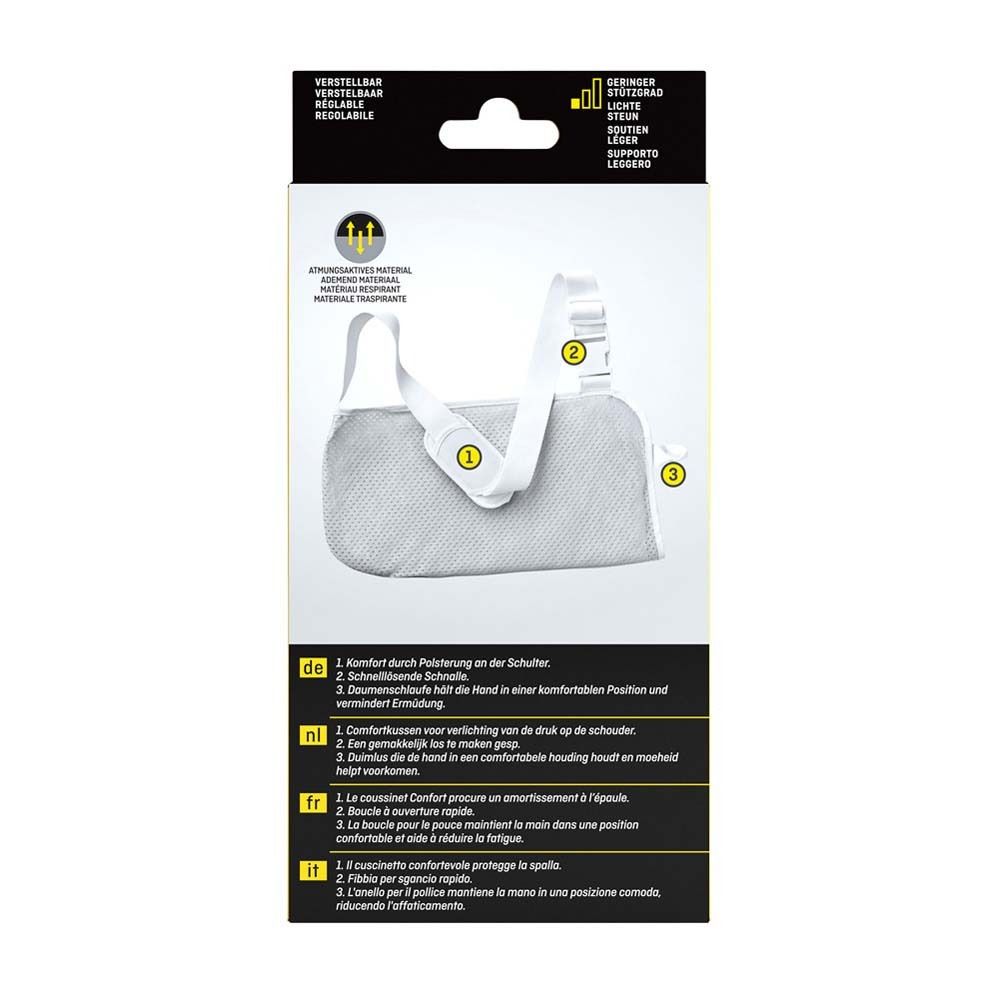 3M™ FUTURO Armschlinge. Rückseite der Verpackung mit Produktabbildung und Text in verschiedenen Sprachen.