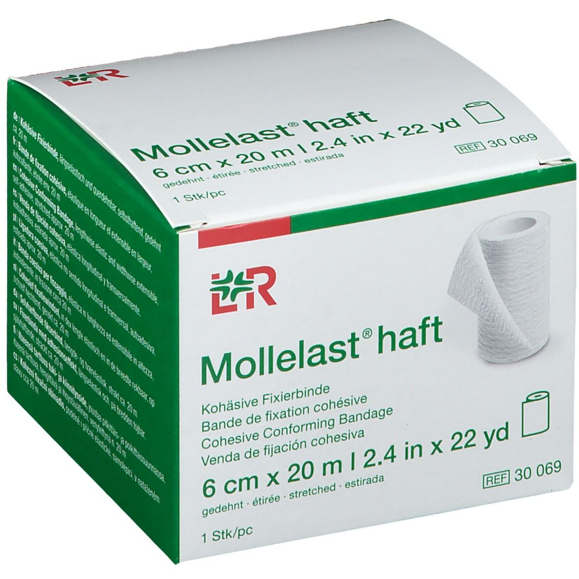 Verpackung Mollelast® haft, 6 cm x 20 m. Eine Rolle Verband ist sichtbar. Weißer Verband, grüne und weiße Verpackung.