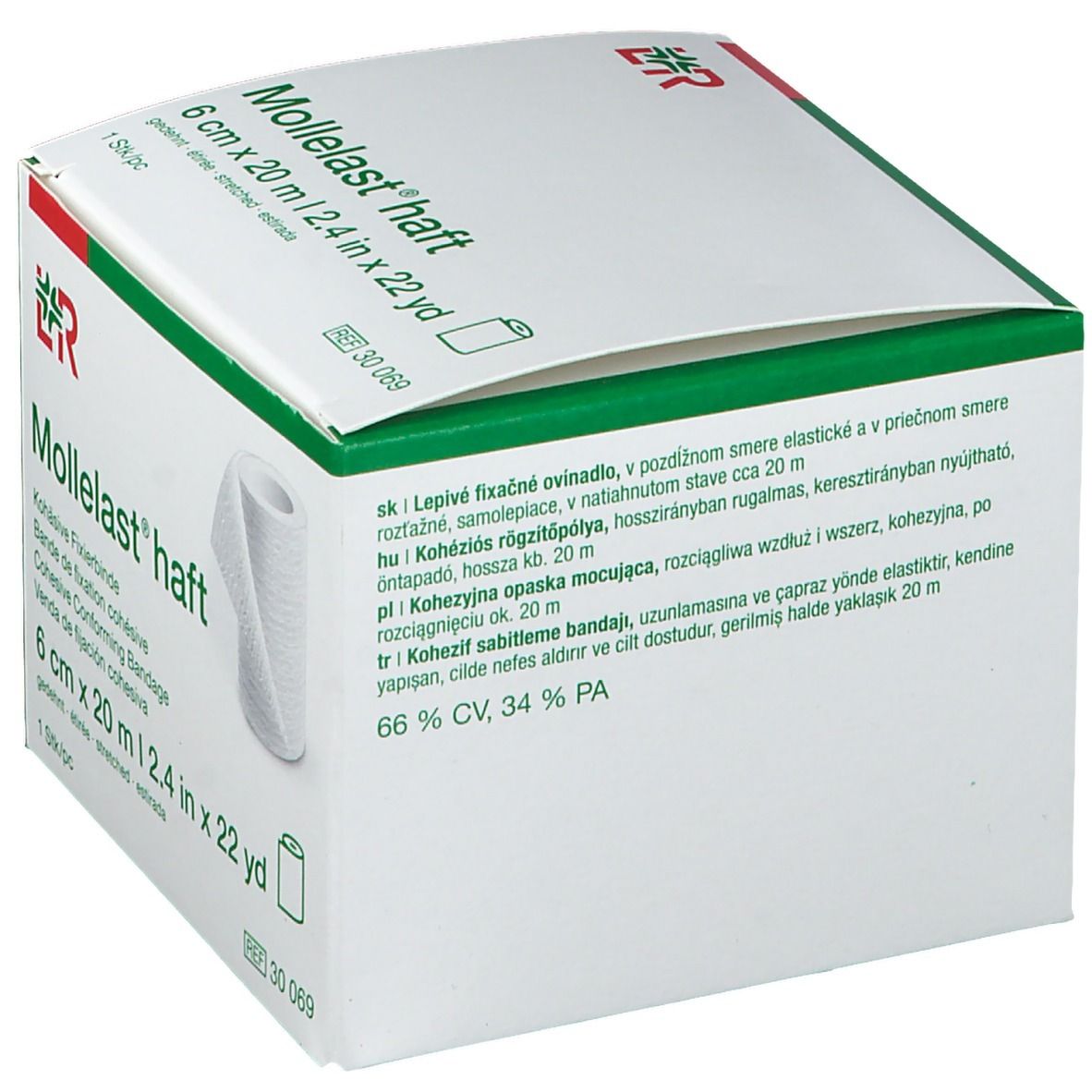 Verpackung Mollelast® haft, 6 cm x 20 m. Text in mehreren Sprachen. Weißer Verband, grüne und weiße Verpackung.
