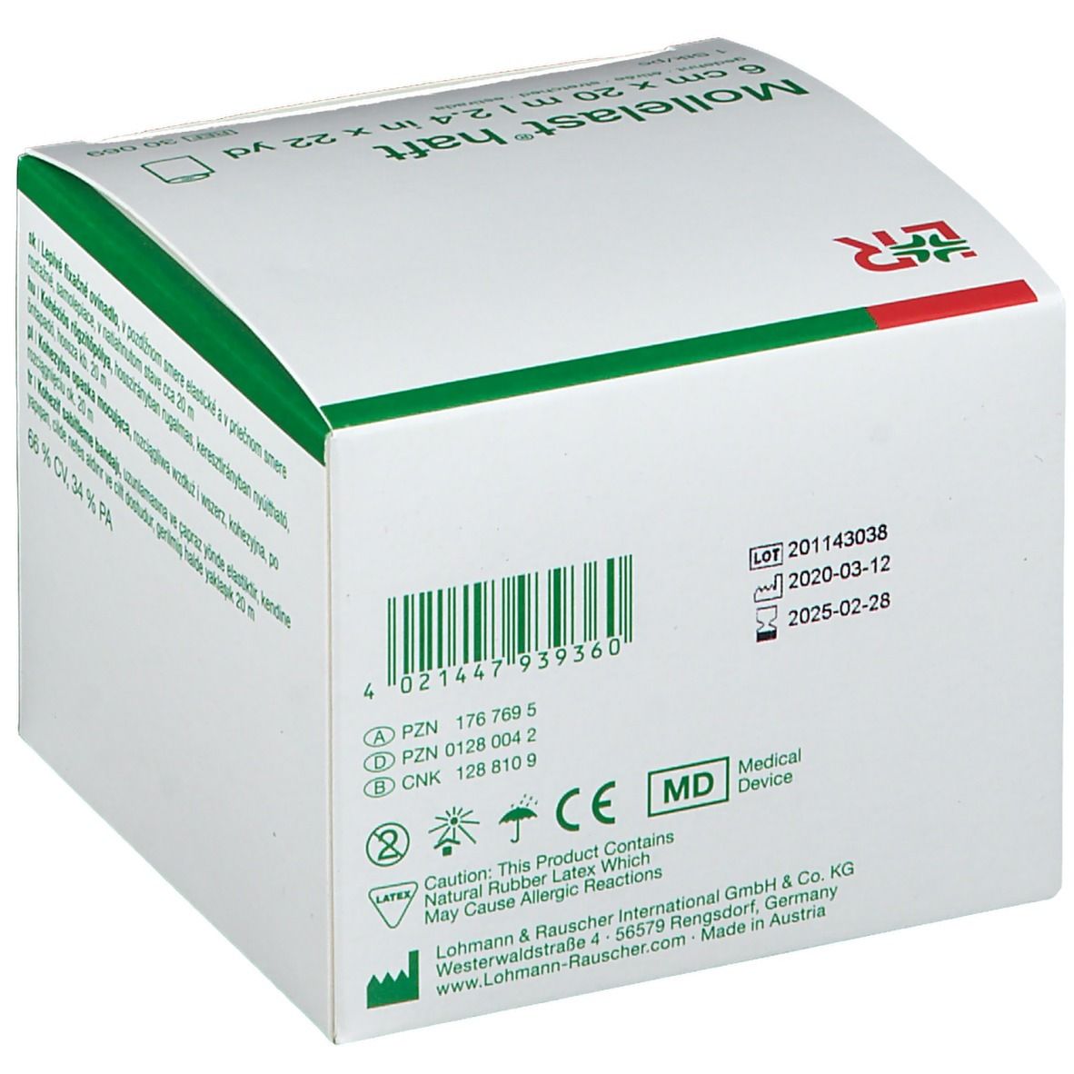 Rückseite der Verpackung Mollelast® haft. Informationen zu Hersteller, Chargennummer, Haltbarkeit und Zertifizierung.